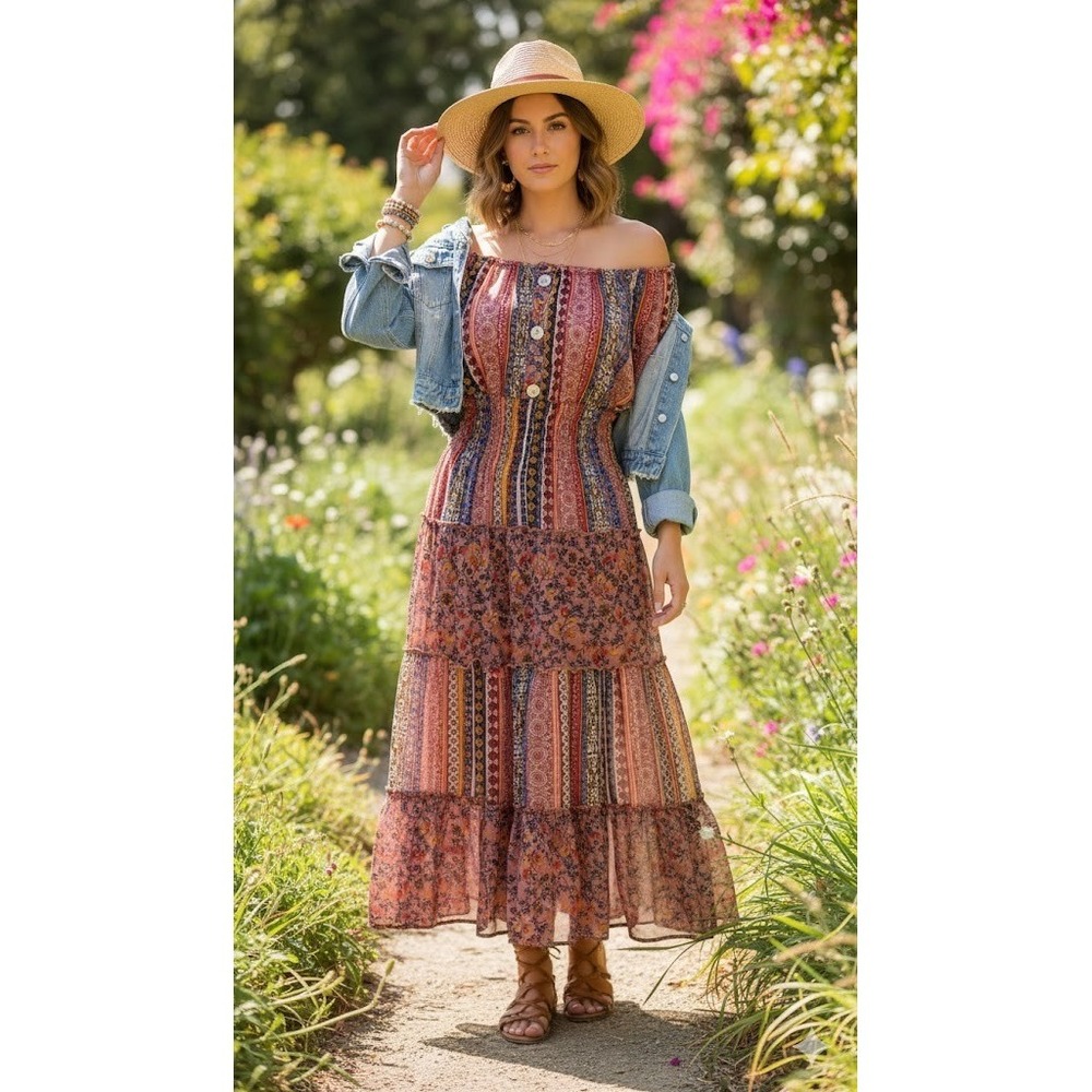 Fig‎ & Flower Floral Tiered Patchwork Boho Smocked Maxi Dress S Cottage Peasant
